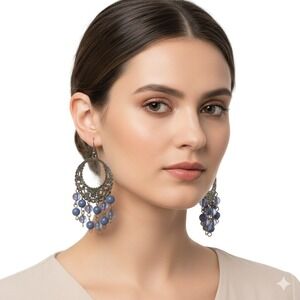 Blue Glass Beads and Silver Toned‎ Dangle Drop Boho Earrings SKUJ105